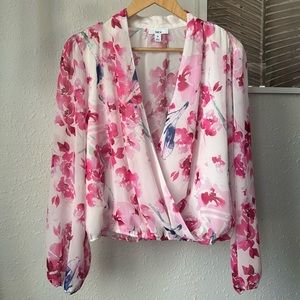Bar III Floral-Print Surplice Top Pink EUC
